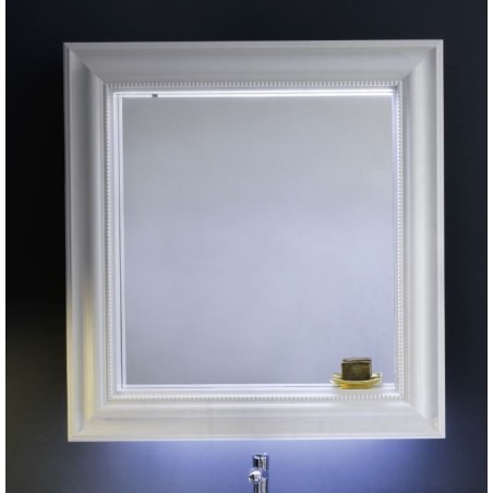Miroir salle de bain, rétro, cadre bois laqué blanc mat avec éclairage comp marlene.