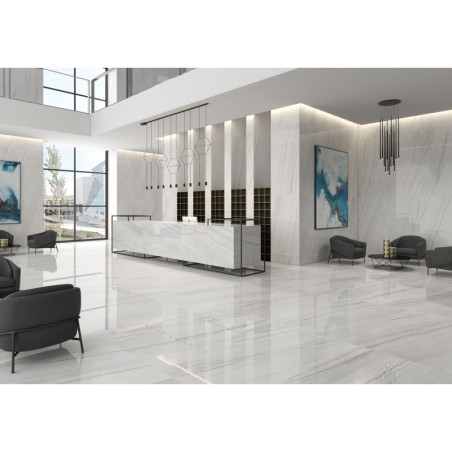 Carrelage imitation marbre blanc veiné de gris poli brillant 60x60cm rectifié, hotel, géoxlasa blanc sol et mur