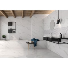 Carrelage imitation marbre rectifié poli brillant grand format rectifié géostatuary blanc