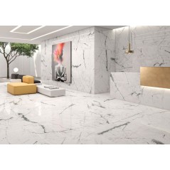 Carrelage imitation marbre rectifié poli brillant grand format,  géokairos blanc