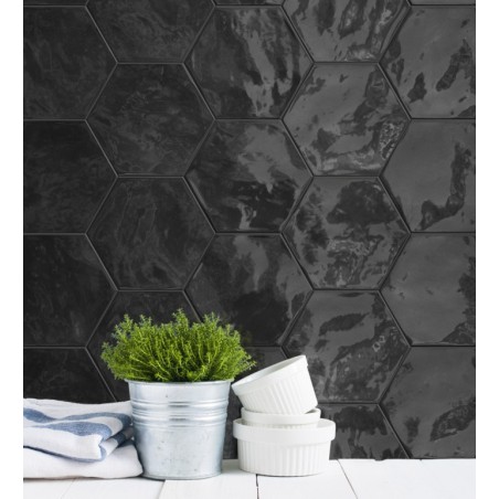 Carrelage hexagone noir brillant faience murale salle de bain crédence de cuisine 17.3x15cm terx hexawall black
