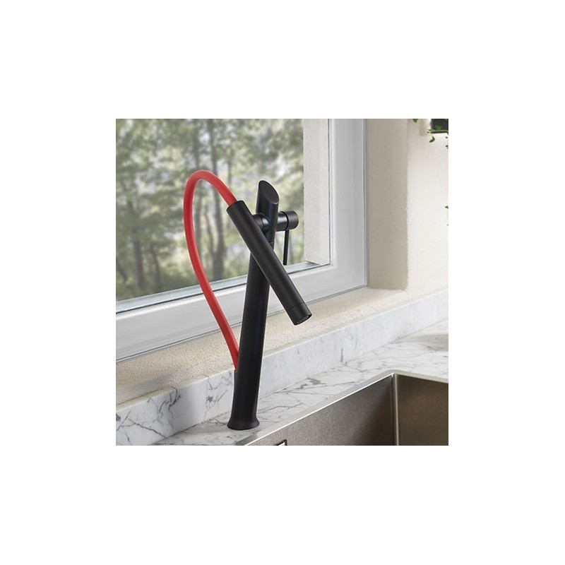 Mitigeur évier avec douchette en laiton noir mat 1 jet fixation magnetique avec flexible rouge et flexible noir F7050