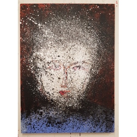Peinture contemporaine, tableau moderne figuratif portrait, acrylique sur toile 100x73cm représentant une tête au yeux rouges
