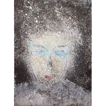 Tableau moderne, portrait, peinture contemporaine figurative,acrylique sur toile 100x73cm représentant une tête au yeux bleus