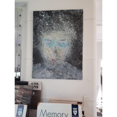 Tableau moderne, portrait, peinture contemporaine figurative, acrylique sur toile 100x73cm représentant une tête au yeux bleus