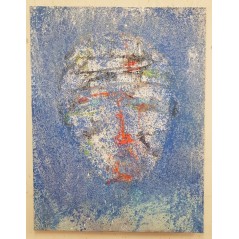 Peinture contemporaine, tableau moderne figuratif, acrylique sur toile 116x89cm représentant une tête bleue au nez orange