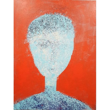 Tableau moderne, portrait, peinture contemporaine figurative, acrylique sur toile 116x89cm représentant une tête art-déco orange