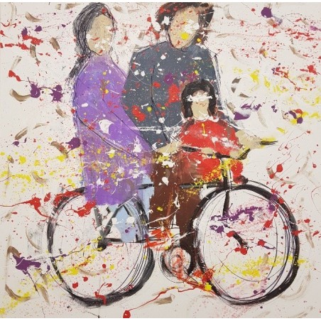 Peinture contemporaine, tableau moderne figuratif, acrylique sur toile 100x100cm représentant une famille sur un vélo