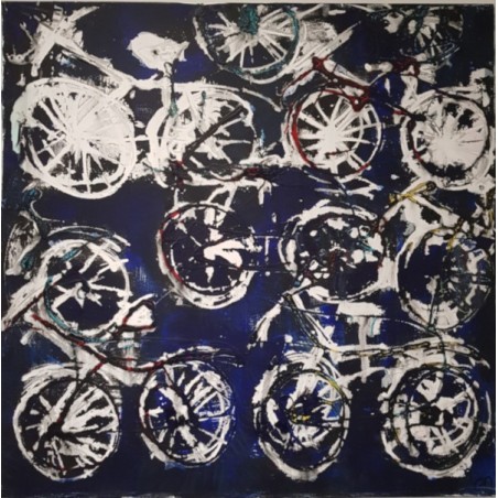 Peinture contemporaine, tableau moderne figuratif, acrylique sur toile 100x100cm intitulé:  vélos bleus