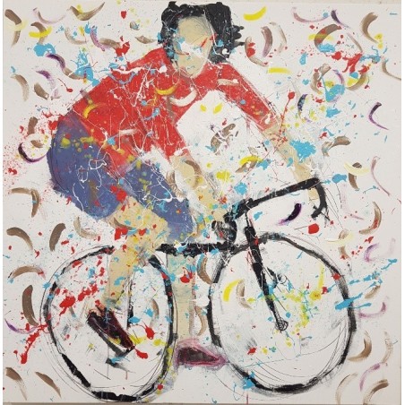 Peinture contemporaine, tableau moderne figuratif, acrylique sur toile 100x100cm intitulée: cycliste en danseuse rouge.