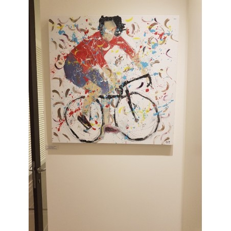 Peinture contemporaine, tableau moderne figuratif, acrylique sur toile 100x100cm intitulée: cycliste en danseuse rouge.