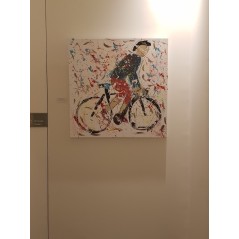 Peinture moderne, tableau contemporain figuratif, acrylique sur toile 100x100cm intitulée: cycliste en danseuse bleu.