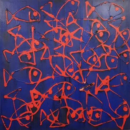 Peinture moderne, tableau contemporain figuratif, acrylique sur toile 100x100cm intitulée: poissons rouges