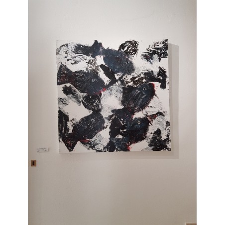 Peinture moderne, tableau contemporain figuratif, acrylique sur toile 100x100cm intitulée: poissons noirs et rouges.