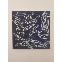 Tableau moderne, peinture contemporaine figurative, acrylique sur toile 100x100cm intitulée: oiseaux bleus.