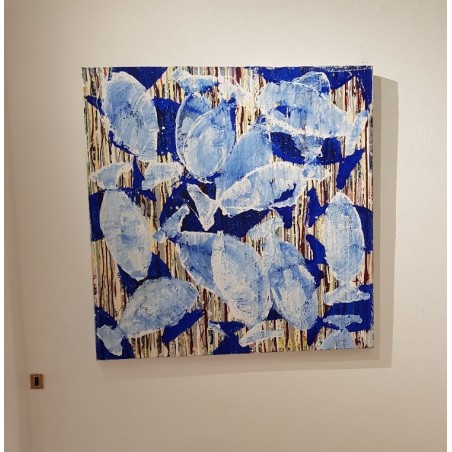 Peinture moderne, tableau contemporain figuratif, acrylique sur toile 100x100cm intitulée: poissons tigres blancs et bleus.