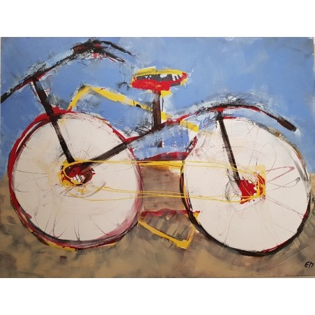 Peinture moderne, tableau contemporain figuratif, acrylique sur toile 116X89cm intitulée: vélo à la selle rouge.