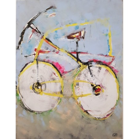 Peinture contemporaine, tableau moderne figuratif, acrylique sur toile 116X89cm intitulée: vélo rose.