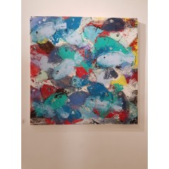 Peinture contemporaine, tableau moderne figuratif, acrylique sur toile 100x100cm intitulée: poissons verts et bleus.