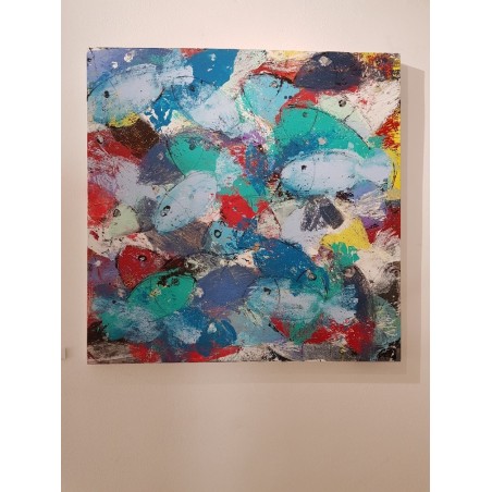 Peinture contemporaine, tableau moderne figuratif, acrylique sur toile 100x100cm intitulée: poissons verts et bleus.