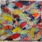 Tableau moderne, peinture contemporaine figurative, acrylique sur toile 100x100cm intitulée: poissons rouges et jaunes.