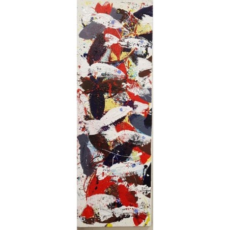 Peinture contemporaine, tableau moderne figuratif, acrylique sur toile 40x120cm intitulée: poissons blancs rouges et noirs.