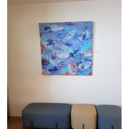 Peinture contemporaine, tableau moderne figuratif, acrylique sur toile 100x100cm intitulée: poissons bleus.