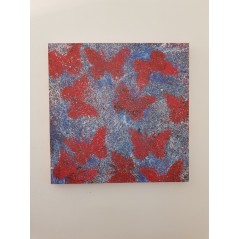 Tableau moderne, peinture contemporaine figurative, acrylique sur toile 100x100cm intitulée: papillons rouges sur fond bleu.