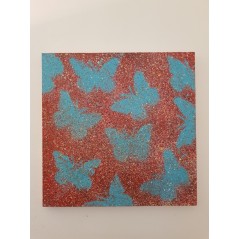 Peinture contemporaine, tableau moderne figuratif, acrylique sur toile 100x100cm intitulée: papillons bleus sur fond rouge.