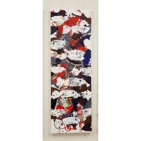 Peinture contemporaine, tableau moderne figuratif, acrylique sur toile 40x120cm intitulée: poissons blancs rouges et noirs 2.