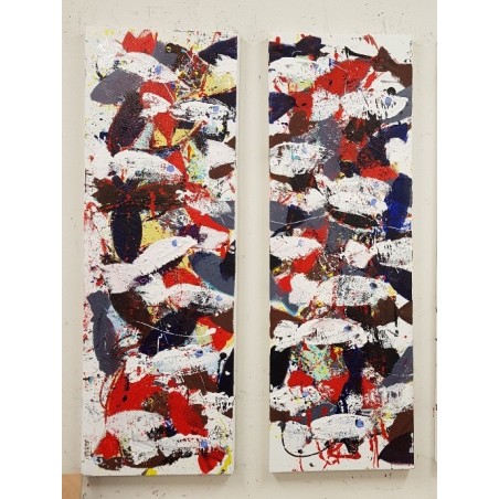 Peinture contemporaine acrylique sur toile intitulée: diptyque poissons blancs rouges et noirs  2 fois 40x120cm.