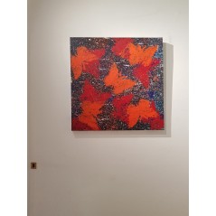 Peinture contemporaine, tableau moderne figuratif, acrylique sur toile 80x80cm intitulée: papillons orange et rouge.
