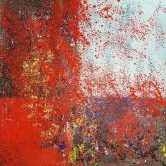 Tableau moderne, peinture contemporaine abstraite, acrylique sur toile 100x100cm intitulée fenêtre bleue et rouge.