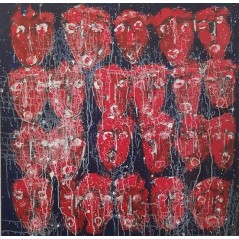 Peinture contemporaine, tableau moderne figuratif, acrylique sur toile 100x100cm intitulée: multitetes rouges 2