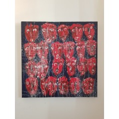 Peinture contemporaine, tableau moderne figuratif, acrylique sur toile 100x100cm intitulée: multitetes rouges 2