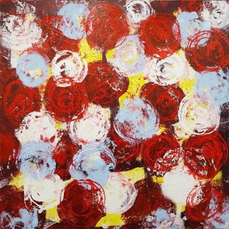 Peinture contemporaine, tableau moderne figuratif, acrylique sur toile 100x100cm intitulée: fleurs rouges bleues et blanches.