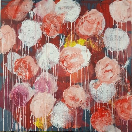 Peinture moderne, tableau contemporain figuratif, acrylique sur toile 100x100cm intitulée: fleurs rouges et roses.