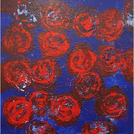 Peinture contemporaine, tableau moderne figuratif, acrylique sur toile 100x100cm intitulée: grosses fleurs rouges.