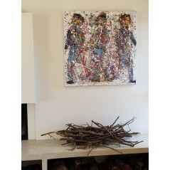 Peinture contemporaine, tableau moderne figuratif, acrylique sur toile 100x100cm intitulée: 3 hommes qui marchent.