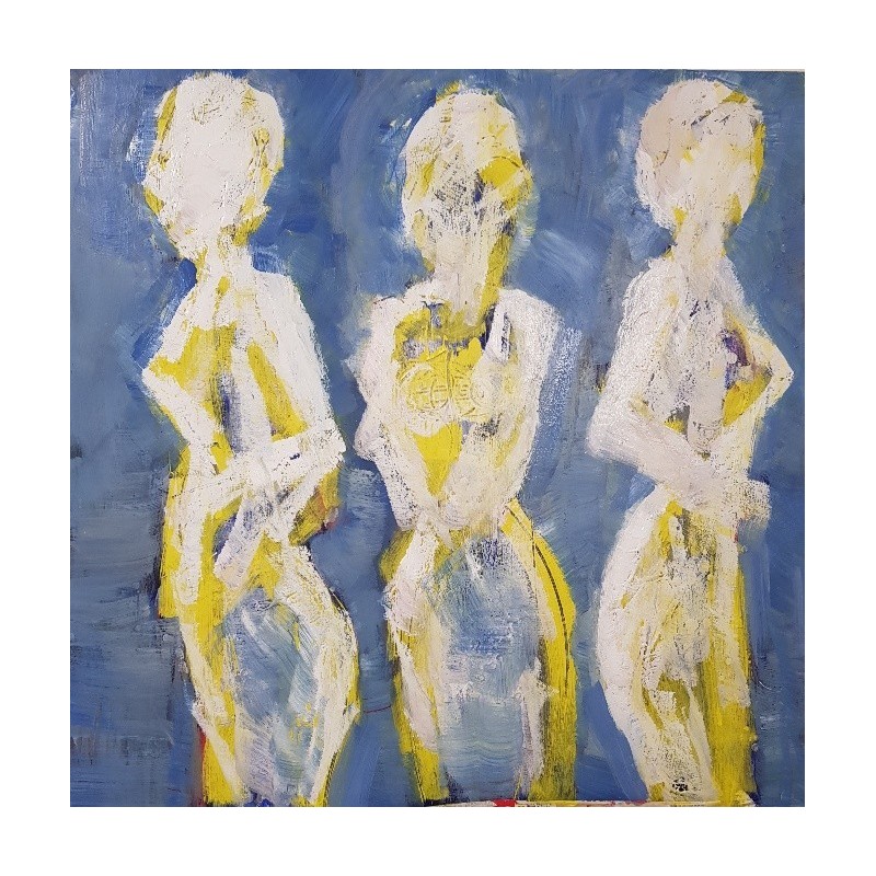 Tableau moderne, peinture contemporaine figurative, acrylique sur toile 100x100cm intitulée: 3 femmes nues en jaune.