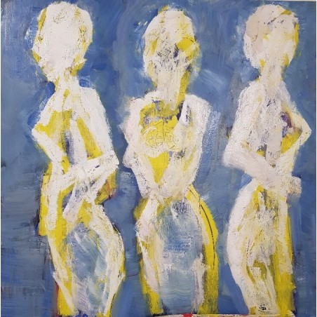 Tableau moderne, peinture contemporaine figurative, acrylique sur toile 100x100cm intitulée: 3 femmes nues en jaune.