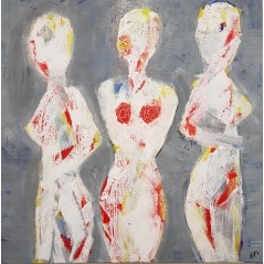 Peinture contemporaine acrylique sur toile 100x100cm intitulée: 3 femmes nues en rouge.