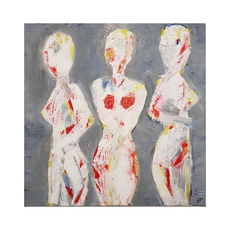 Peinture contemporaine acrylique sur toile 100x100cm intitulée: 3 femmes nues en rouge.