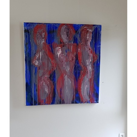 Peinture contemporaine, tableau moderne figuratif, acrylique sur toile 100x100cm intitulée: 3 femmes nues en rouge et bleu.