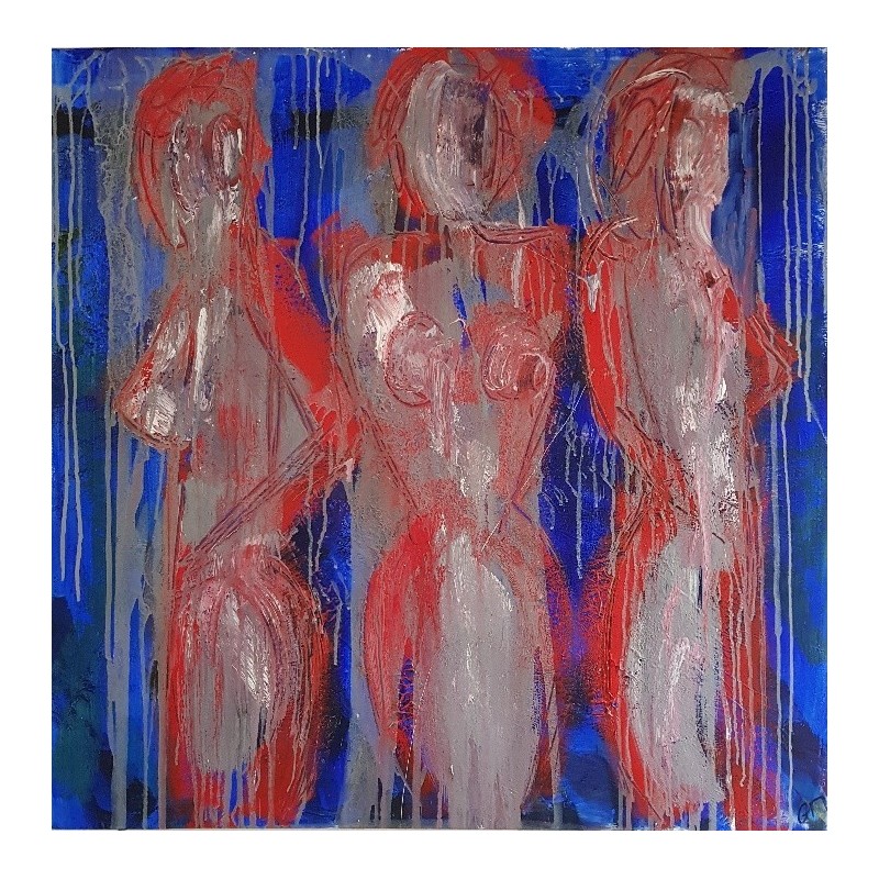 Peinture contemporaine, tableau moderne figuratif, acrylique sur toile 100x100cm intitulée: 3 femmes nues en rouge et bleu.