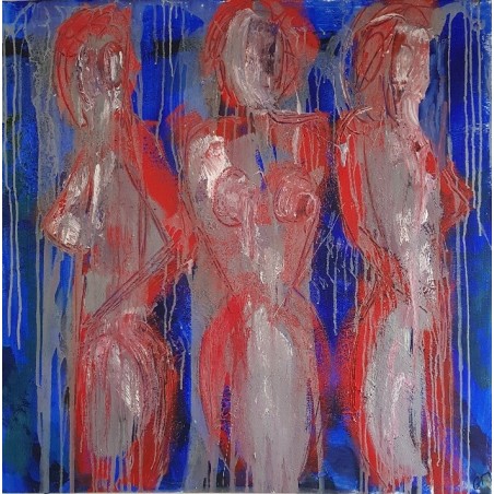 Peinture contemporaine, tableau moderne de nu  figuratif, acrylique sur toile 100x100cm intitulée: 3 femmes en rouge et bleu.