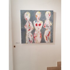 Peinture contemporaine acrylique sur toile 100x100cm intitulée: 3 femmes nues en rouge.