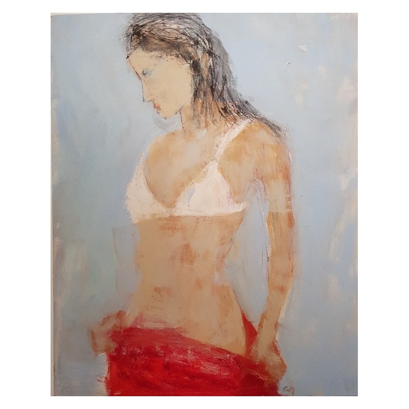 Tableau moderne, peinture contemporaine figurative de nu , acrylique sur toile 100x73cm intitulée: femme au dessous blanc.