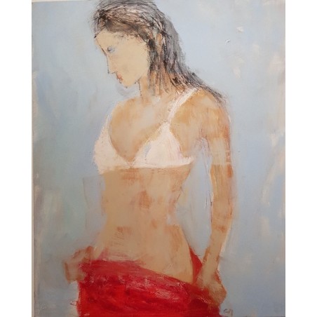 Tableau moderne, peinture contemporaine figurative de nu , acrylique sur toile 100x73cm intitulée: femme au dessous blanc.