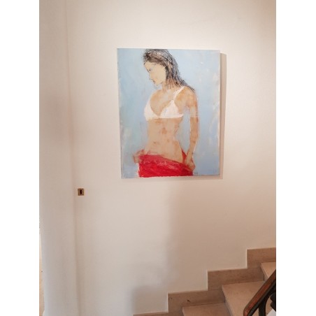 Tableau moderne, peinture contemporaine figurative de nu , acrylique sur toile 100x73cm intitulée: femme au dessous blanc.